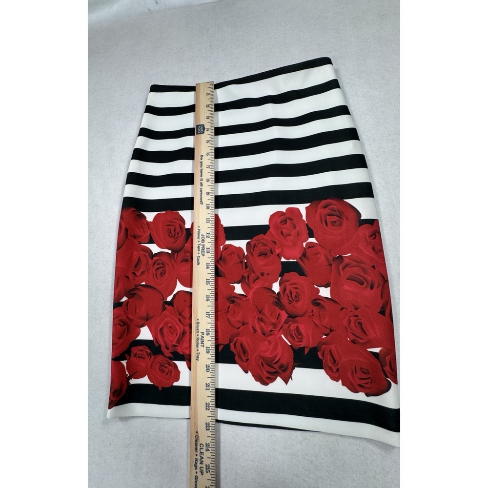 Joseph Ribkoff Pencil Skirt Women 4 Black White Stripe Red Rose Floral Pull On - Picture 7 of 11